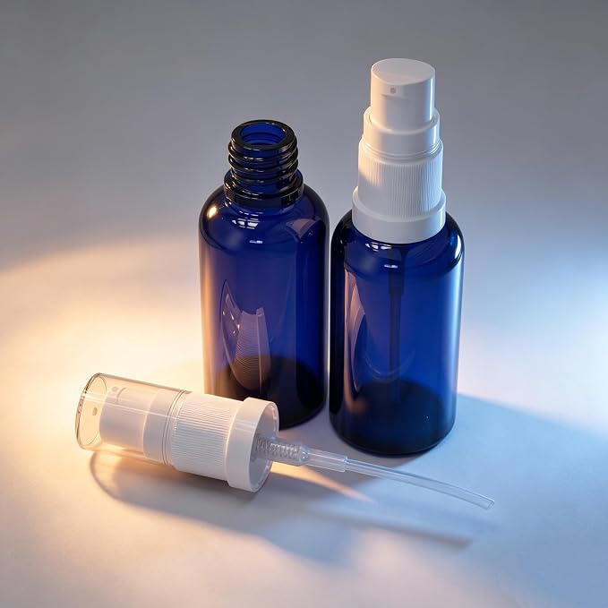 6 Pack Empty Travel Refillable Glass Pump Bottles Dispener 30ml/1oz, Blue Small Cosmetic Containers for Lotion,Cream,Essential Oil,Shampoo,Sercums (30ml Blue 6pcs)