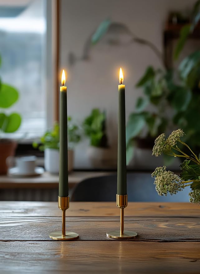 10" Classic Taper Candles, Dark Moss Green, 4-Pack, 7-8 Hours Long Burning, Unscented Tall Candlesticks