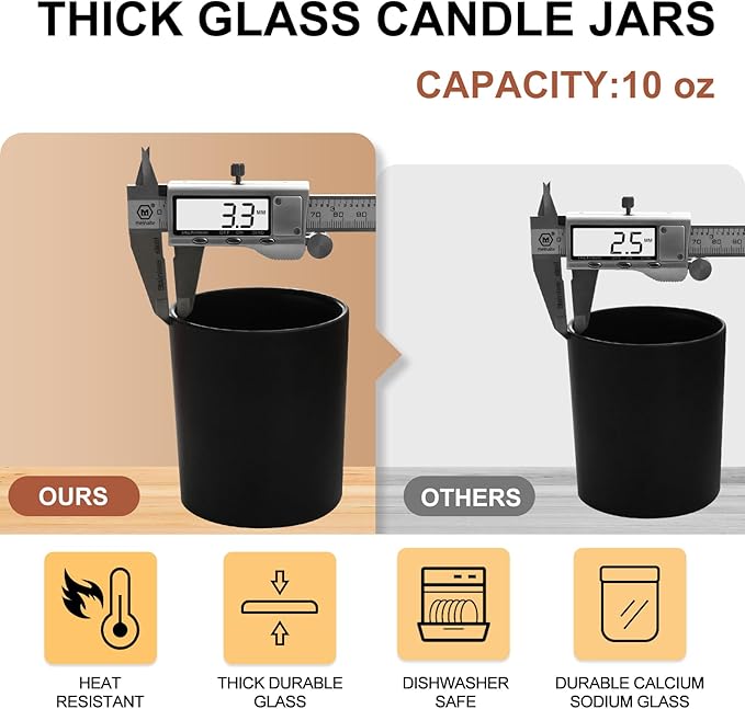 SHOWIN 10 OZ Thick Candle Jars for Making Candles 15 Pcs, Empty Jars with Wood Lids for Candle Making, Sample Container, Matte Black