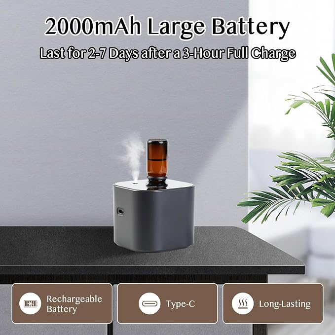 Waterless Essential Oil Diffuser, Portable Aroma Diffuser, Battery Operated, 3 Mist Modes, Aromatherapy Diffuser for Essential Oils, Cordless Scent Air Machine for Home, Office, Small Room, Black