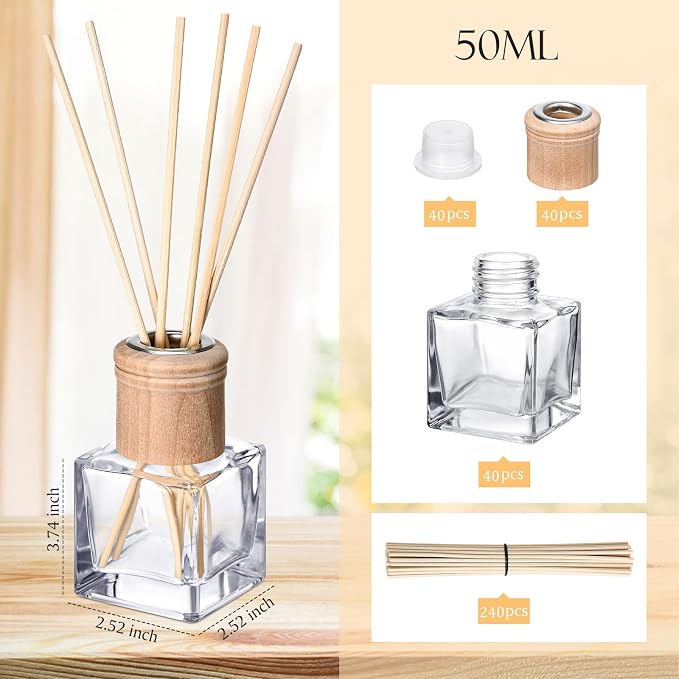 Roshtia 40 Set Reed Diffuser Bottle Empty Refillable Fragrance Glass Diffuser Bottles with Wooden Caps Rattan Sticks 50ml 1.7 oz Glass Jars for DIY Fragrance