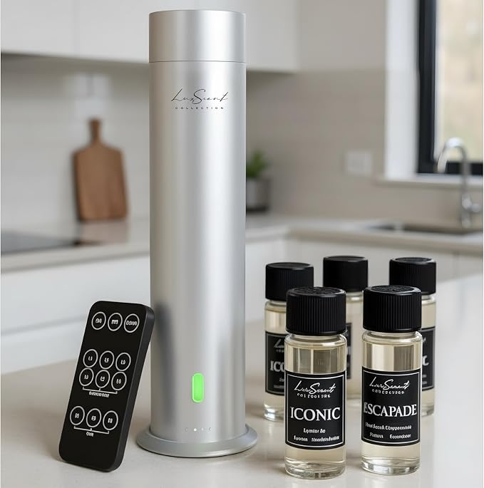 Wireless Aroma Diffuser Scent Oil - Home Luxury Portable Scent Diffuser - Remote Control Waterless Diffuser - 1000 sq. ft Coverage - Essential Oil 20ml Sample Pack Included - Aromatherapy (Silver)
