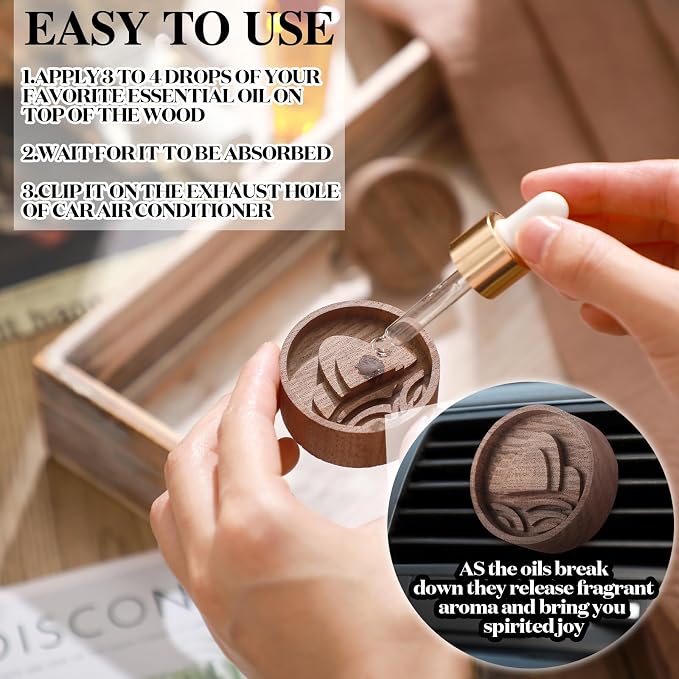 Teenyyou 4 Pcs Wooden Essential Oil Diffuser Car Aromatherapy Passive Diffuser with Vent Clip Walnut Wood Round Air Freshener Winter Gifts for Home Offices Yoga Rooms Sauna Rooms