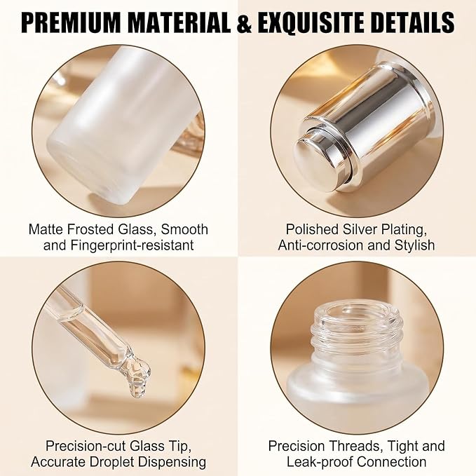 3Pcs 30ML/1OZ Clear Frosted Glass Dropper Bottles with Silver Pressure Pump Top Refillable Essential Oil Storage Containers Travel Sample Vials for Aromatherapy & Cosmetic