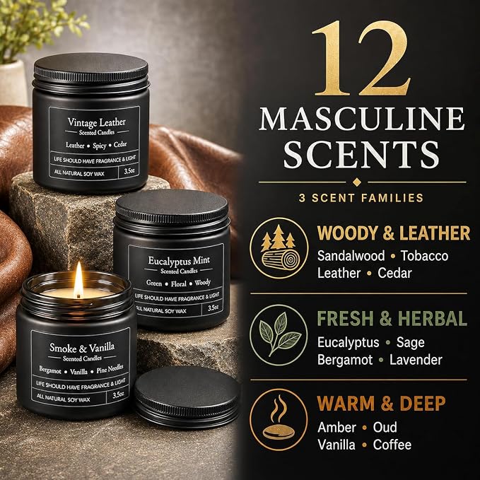 YMing 12 Pack Scented Candles for Men, Masculine Soy Candle Gift Set, 3.5 oz Each, Woody Leather Tobacco Coffee & Amber Scents, Gifts for Men Dad Husband Boyfriend