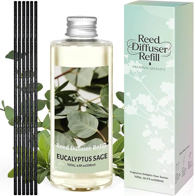 STRN Reed Diffuser Oil Refill, Eucalyptus Sage Scented Reed Diffuser Set, 6.8 fl.oz（200ml）, Reed Diffuser Refill for Summer Home Fragrance, Bedroom, Bathroom Office Home Decor