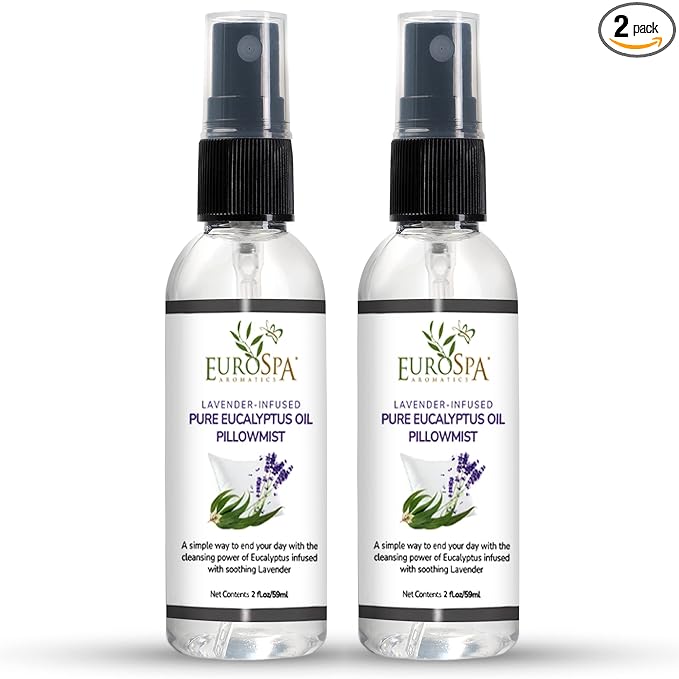 EuroSpa Aromatics Lavender-Infused Pure Eucalyptus Oil Pillow Mist Sleep Spray - Deep Sleep Pillow Spray - Lavender Bed Spray - Lavender Spray Sleep Mist - Lavender Linen Spray for Bedding - 2oz