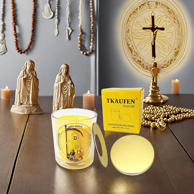 Gold Santa Muerte Candle 50 Hours with Warmer Ring│Hand-Poured Natural Soy Wax│Attract Money, Prosperity, Wealth, Success, Leadership, Luck, Financial Abundance│Design in Mexico City│3“×3.6”