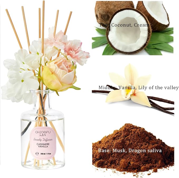 Cashmere Vanilla Reéd Diffuser Set with Flowers Reéd Diffuser Sticks, 6.7oz Scent Fragrance Essential Oil Diffuser for Bedroom Bathroom Home Décor Shelf Decor