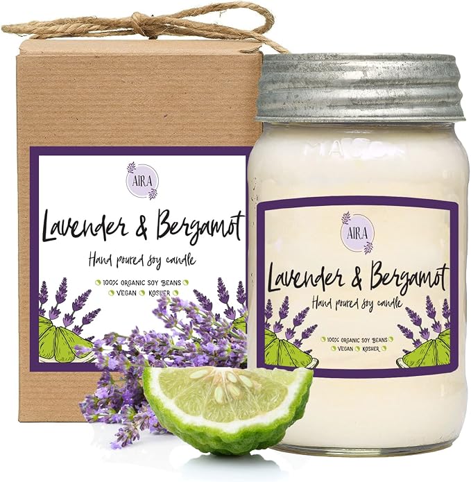 Aira Soy Candles - Organic, Kosher, Vegan, in Mason Jar w/Therapeutic Grade Essential Oil Blends - Hand-Poured 100% Soy Candle Wax - Paraffin Free, Burns 110+ Hours - Lavender & Bergamot -16 Ounces