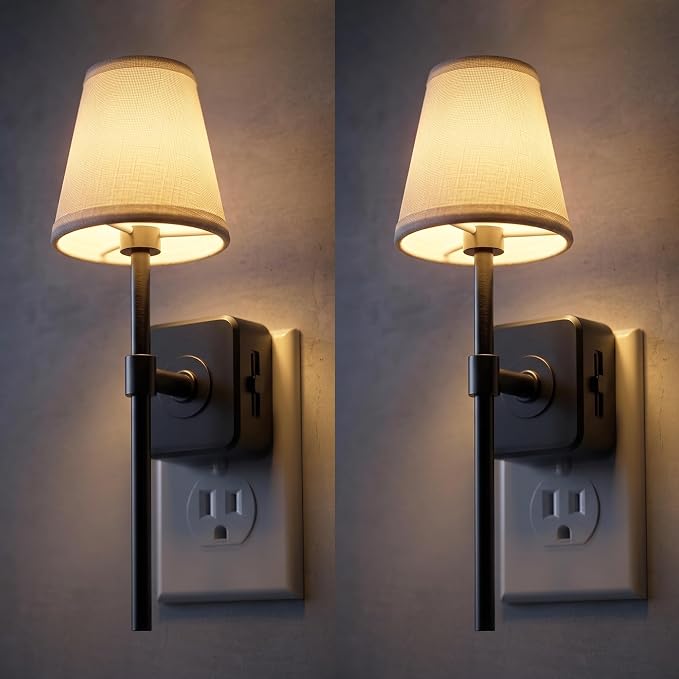 L LOHAS LED Night Light, 2 Pack Night Lights Plug Into Wall with 0-100 LM Dimmable, Premium Fabric Linen Shade Plug in Night Light, 3000K Warm LED Wall Night Light Bedroom, Living Room, Decor