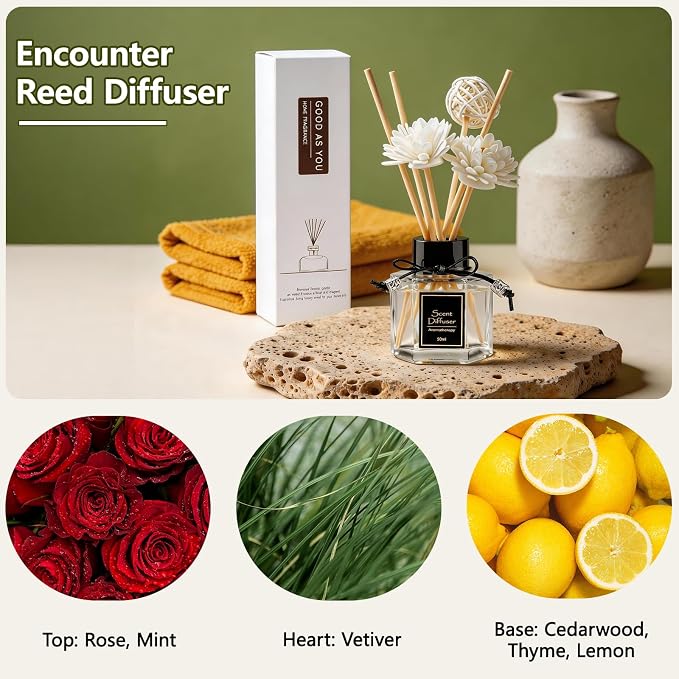 Encounter Reed Diffuser 1.7 fl oz, Romantic Floral & Woody Home Scent | Natural Non-Toxic Essential Oil with 6 Sticks | Long-Lasting Air Freshener for Bedroom Living Room Gift