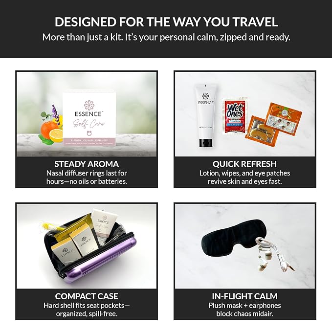 Essence Travel Amenity Kit | Travel Essentials & Travel Size Toiletries Kit | 5-Pack Nasal Diffuser Rings, Sleep Mask, Lotion & Hygiene Kit | Travel Toiletry Kit for Women | Purple Case