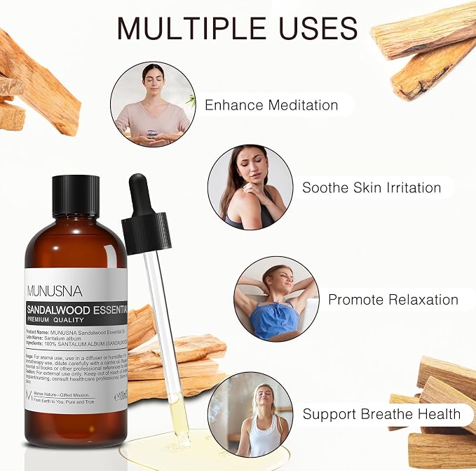 Sandalwood Essential Oil 100ML, 100% Pure Natural Sandalwood Oil Premium Grade Aromatherapy Oil for Diffuser, Skincare, Hair Body Care, Massage, Yoga, Home, Soap and Candle Making