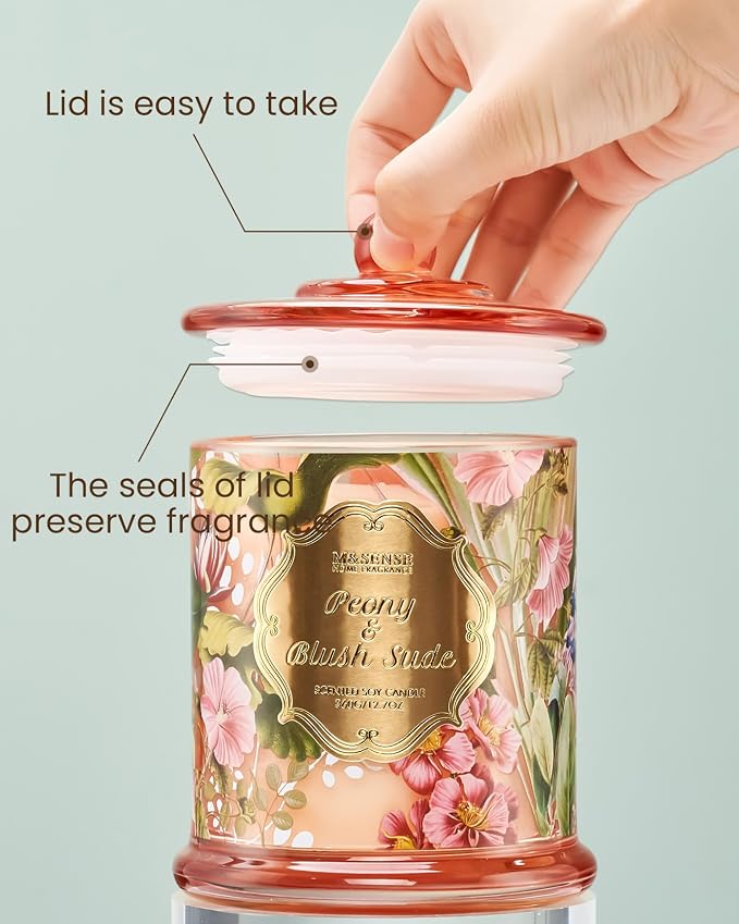 M&SENSE Peony Blush Scented Candle 12.7oz Elegant Summer 2 Wick | Natural Soy Wax, Non-Toxic, Summer Floral Scent, Elegant Gift for Women, 75 Hours Burning