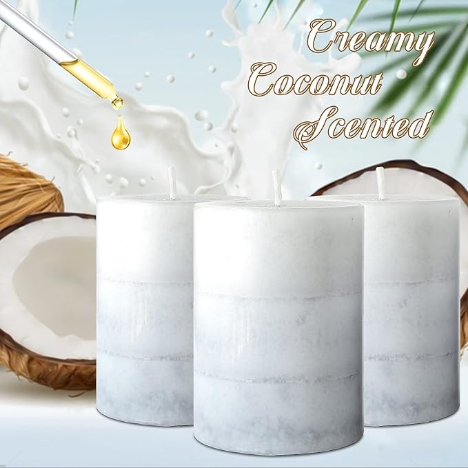 Set of 3 Scented Pillar Candles Creamy Coconut Scented 3" x 4" Long-Lasting Burn Candle White Gray Palette Pillar Candle Clean Burning No Drip Candles Gift for Home Party Dinner Table Decor