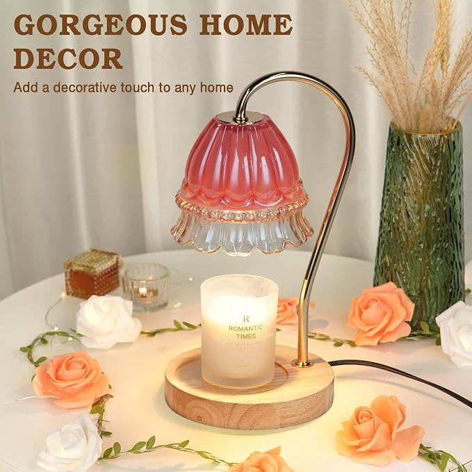 Funistree Flower Candle Warmer Lamp with Timer, Dimmable Candle Lamp Warmer, Christmas Birthday Gifts for Women Mom Her, Housewarming Home Decor, Lotus Wax Warmer for Yankee - Pink Flower 10 Inch