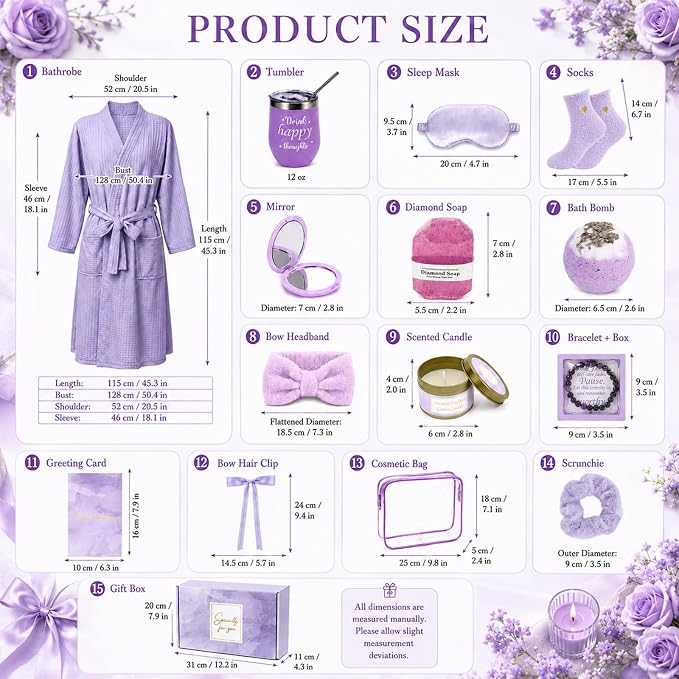 gisgfim 14Pcs Birthday Gifts for Women Spa Gift Basket Set Relaxing Home Products Self Care Kit Includes Mirror Socks Steamers Bath Robe for Women Mother's Day Her Friend Sister Wife Grandma (Purple)