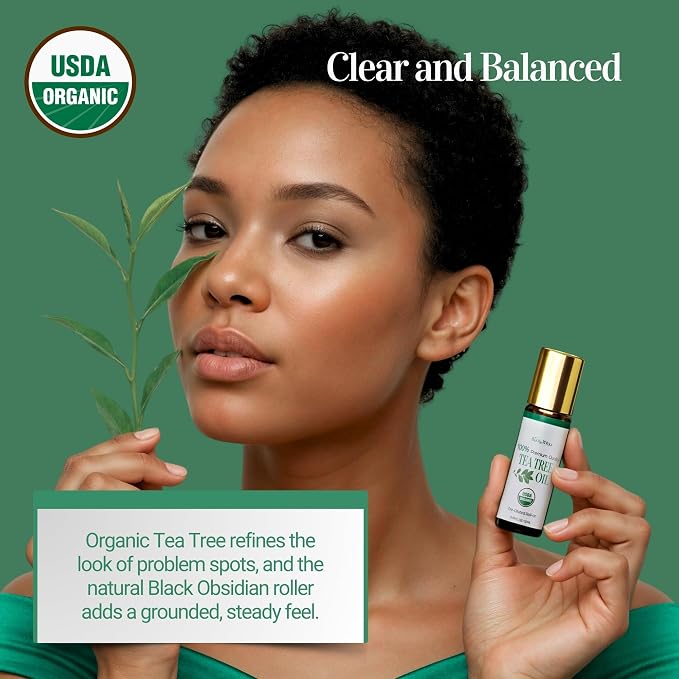 Tea Tree Essential Oil Roll On for Acne Blemish Clear Skin Care - 100% Pure USDA Organic MCT Coconut Oil - Face Body Nail Cuticle Purifying Fresh Skin Care Cleansing - Gemstone Roller 10ml Travel Size