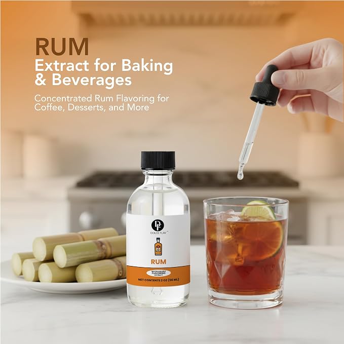 Dolce Flav Natural Rum Extract – 2 Ounce Water-Soluble Kosher, Sugar-Free, Concentrated Dark Rum Flavoring for Baking, Cocktails & Desserts, Includes Measured Dropper