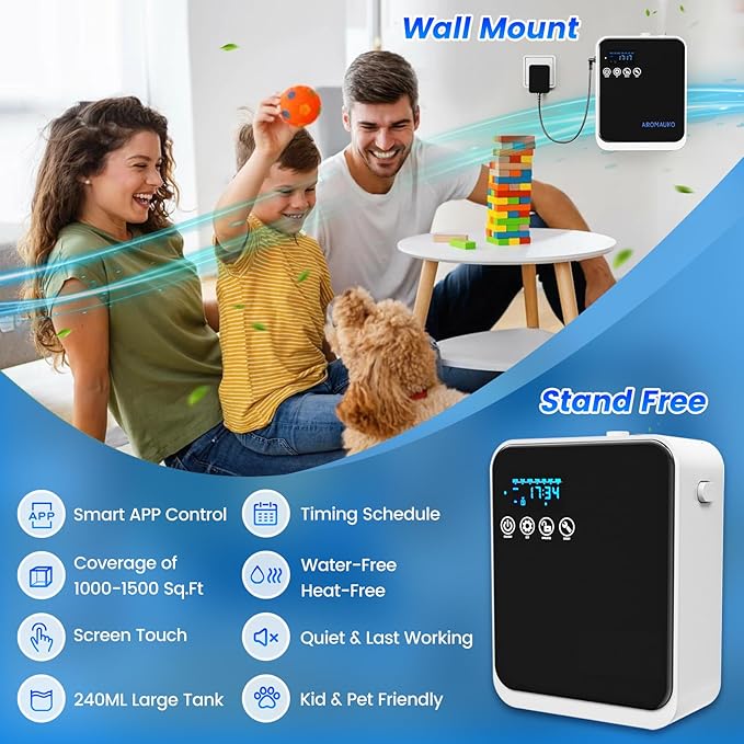 Waterless Essential Oil Diffuser,Whole House Oil Air Diffusers for Home,Hotel,Aromatherapy Scent Diffuser with APP Control & Touch Screen,1500 sq.ft Coverage,Adjustable Level & Auto Timer,Quiet,Black