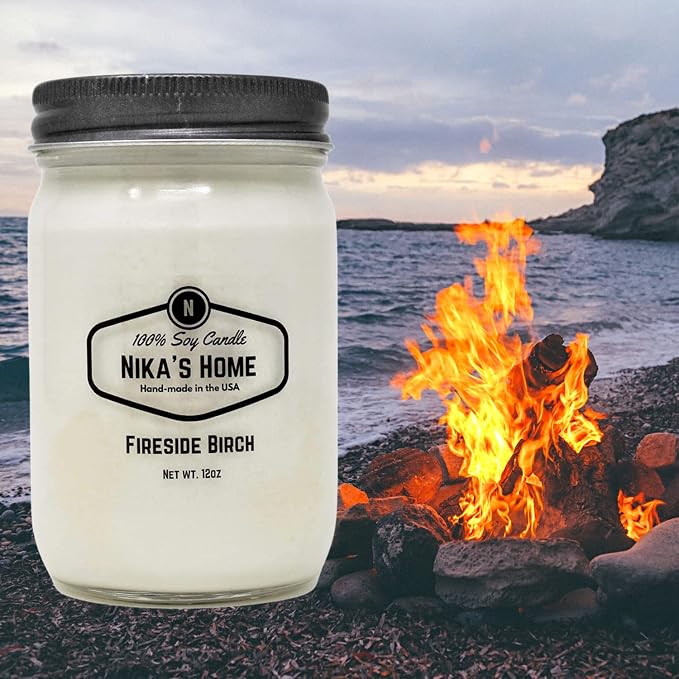 Nika's Home Fireside Birch Soy Candle - 12oz Mason Jar - Non-Toxic - Hand Poured in The USA, Long Burning 50-60 Hours Highly Scented All Natural, Clean Burning