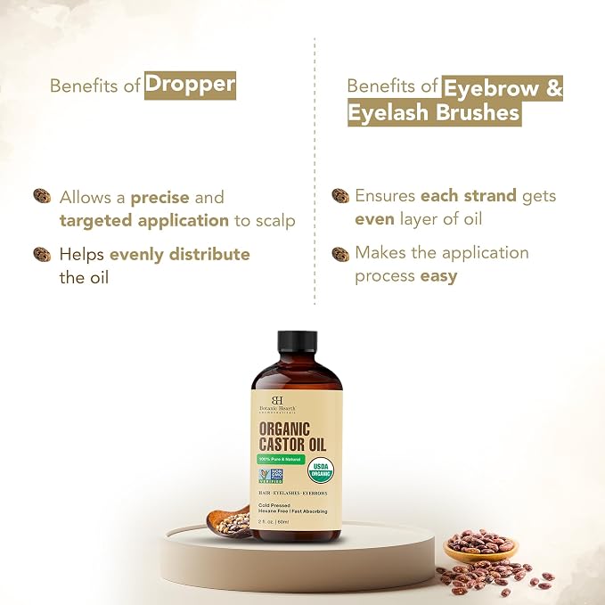 Botanic Hearth Castor Oil & Hair Treatment Oils 2 Fl oz| 100% Pure & Natural, Cold Pressed |For Hair, Eyelashes & Eyebrows | Hexane Free, Fast Absorbing | With Applicators & Dropper | All Hair Types