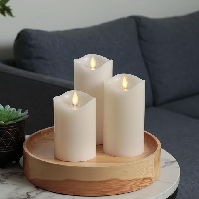 Matchless Candle Co. by Luminara Set of 3 Flameless LED Pillar Candles, Real Wax, Moving Flame (3x4.5, 3x5.5, 3x6.5 Inch, Unscented)