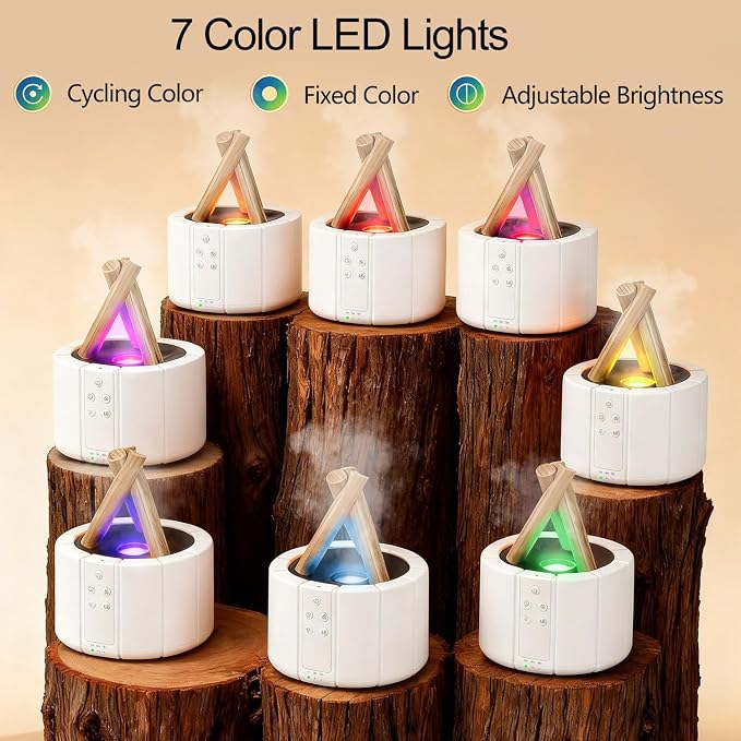 Campfire Flame Diffuser for Essential Oils, 250ml Ultrasonic Cool Mist Aromatherapy Humidifier with Remote Control, 7-Color LED Lights, Timer & Auto-Off for Home, Office & Bedroom (White)