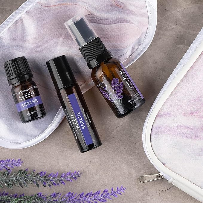 SpaRoom Serene Essential Oil Travel Kit with Eye Mask and Bag; Linen Spray, Essential Oil and Topical Roll-on, Pink Marble