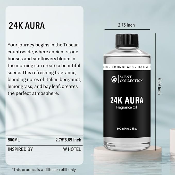 Luxury Hotel Scent Diffuser Oil 24K Aura 500ml Lemongrass Fragrance for Home, Long Lasting Waterless Aroma Oil Refill for Cold Air & Car Diffusers, Large Room Home Fragrance