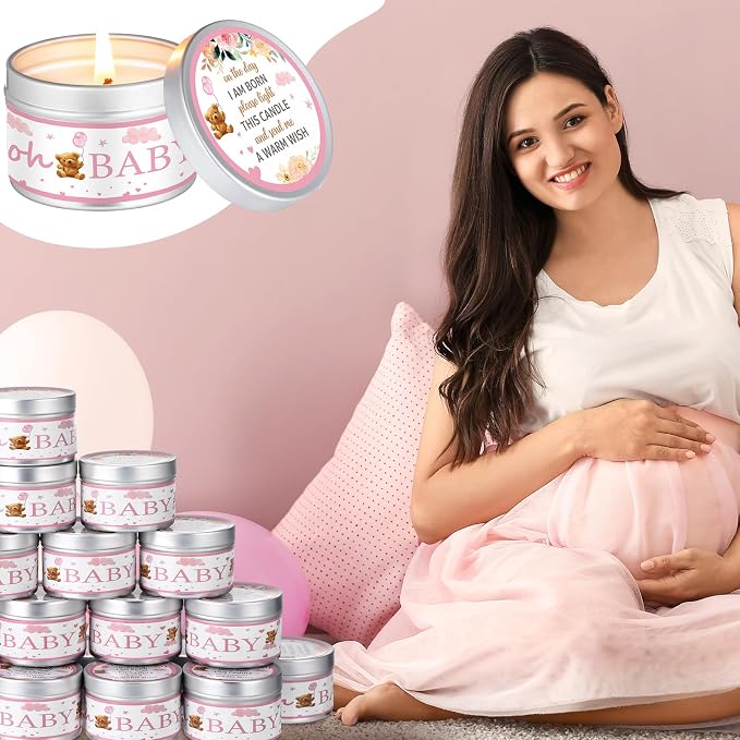 MTLEE 24 Pcs Bear Baby Shower Party Favors Candles Lavender Scented Baby Shower Favors for Guests Rustic Tealights Candles Gender Reveal Return Gifts (1.2 oz, Pink)