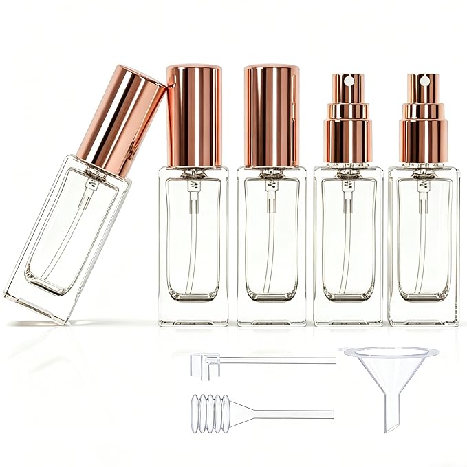 5PCS 5ml Glass Travel Refillable Perfume Bottle,Small Empty Cologne Atomizer with Dispenser Tools, Mini Pocket Spray Bottles For Toiletries and Smple Container (Pink Cap 5p)