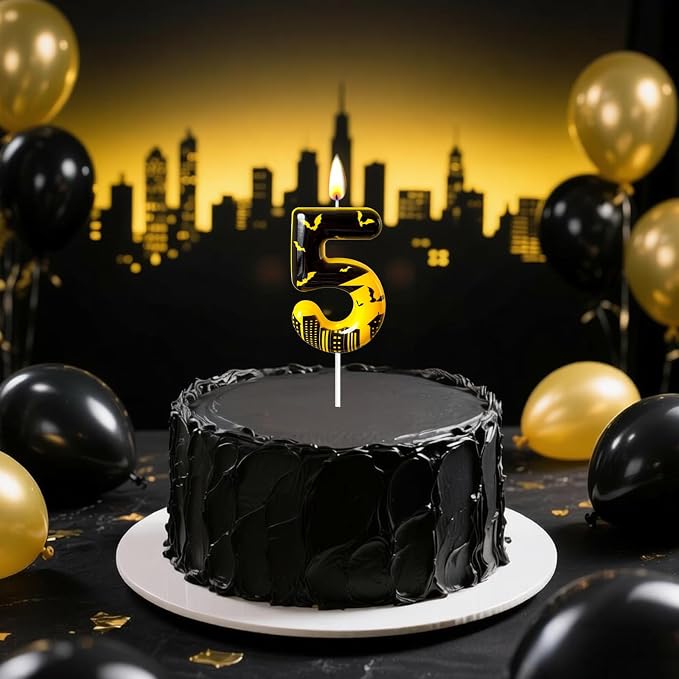 Black Yellow Number 5 Birthday Candle for Cake – Dark Night Hero Style with Bat & City Silhouette Design – Unique Cake Topper for Birthday, Anniversary, Themed Party Decoration
