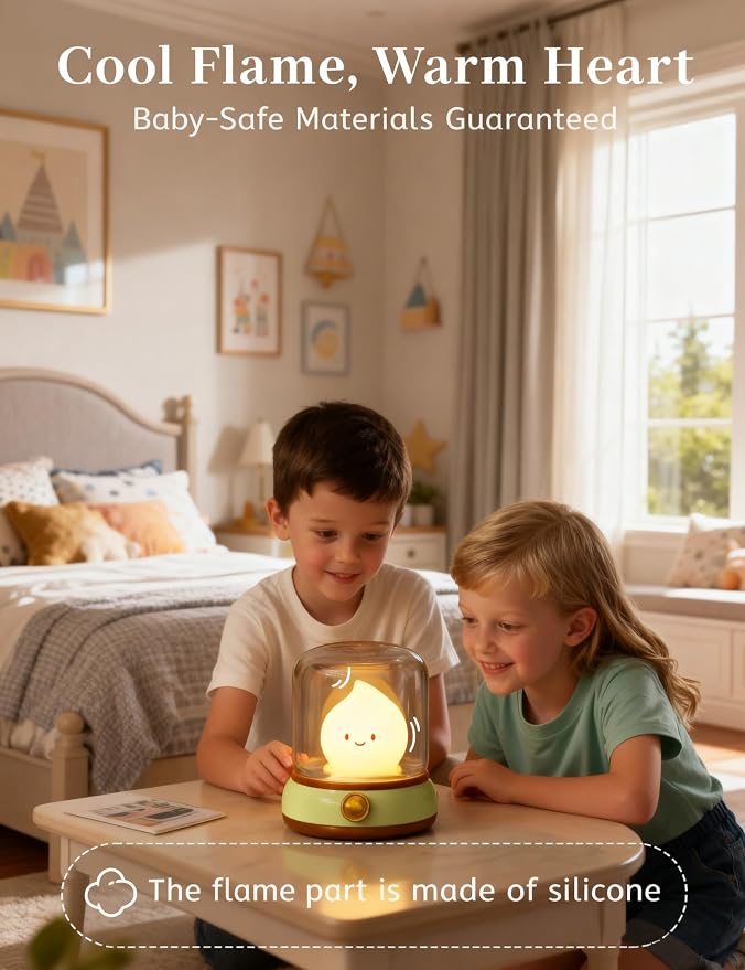 Smiley Night Light, Rechargeable Bedside Lamp with Timer & Dimmable Candle Flame, Portable LED Light for Baby Nursery, Bedroom, Camping - Cute Desk Decor & Gift