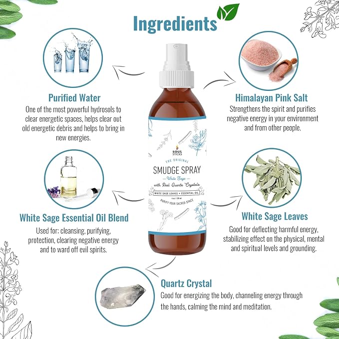 SOUL STICKS White Sage with Pearl Smudge Spray – 3.5oz Smokeless Energy Mist – Quartz Crystal & Pearl Infused Aura Cleanser – Spiritual Spray for Emotional Balance, Protection & Inner Peace