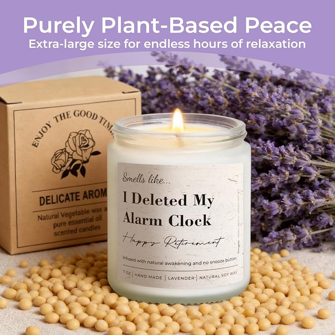 Retirement Gift for Woman, Men - Smells Like I Deleted My Alarm Clock - 7oz Lavender Scented Soy Wax Candle, Funny Retired Gifts for Women, Coworker, Boss, Teacher, Friend, Farewell Present