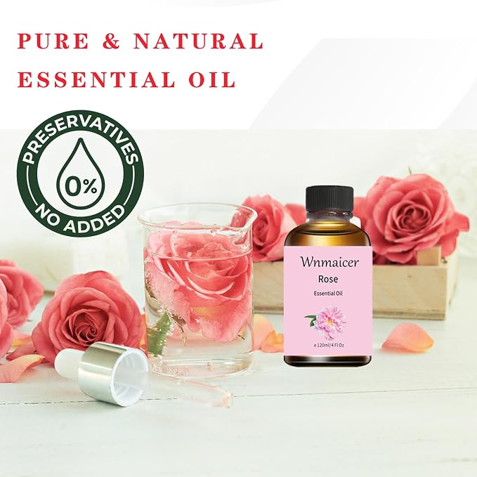 Rose Essential Oil 4 Oz, Premium Rose Oil with Glass Dropper for Massage, Face, Skin, Diffuser, Yoga, Meditation and Aromatherapy 120 mL