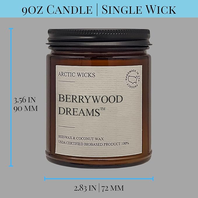 Arctic Wicks Scented Coconut Beeswax Candles | Coconut Beeswax Non Toxic Candle 9oz Amber | Farmhouse Candles Non-Toxic Clean Burn 100% USDA Certified Biobased (Berrywood Dreams)