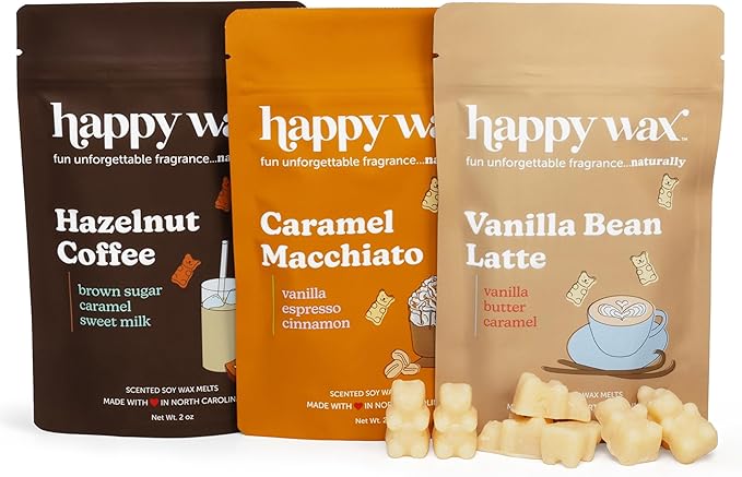 Happy Wax Coffee Collection: Natural, Non-Toxic Scented Soy Wax Melts – Total 6oz Variety Pack: Vanilla Bean Latte, Caramel Macchiato, Hazelnut Coffee
