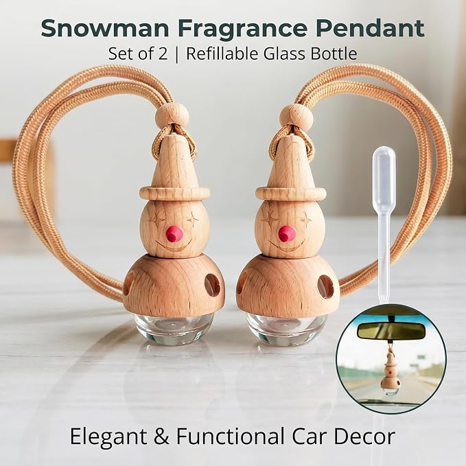 2 Pack Snowman Hanging Glass Car Diffuser Empty Oil Bottles | Wood lids & matching droppers, refillable bottles for car closet bathroom indoor aroma decor gifts