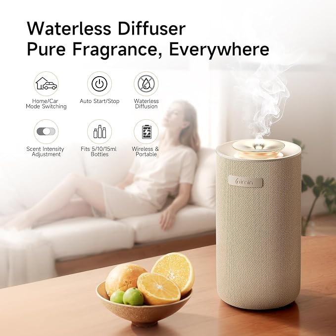 Waterless Essential Oil Diffuser for Home & Car, Cordless Portable Diffuser with Auto Start-Stop, 2-in-1 Mode & Adjustable Scent, Fits 5/10/15ml Bottles, Rechargeable Car Diffuser, Cream