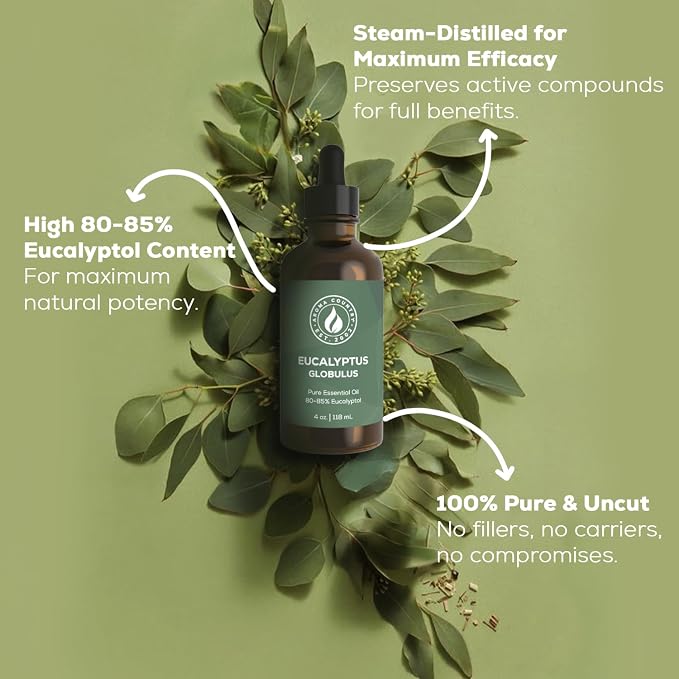 Aroma Country 100% Pure Eucalyptus Essential Oil – Organic & Undiluted Diffuser Oil, Humidifier, Steam Room & Shower Aromatherapy – Natural, Therapeutic Grade Oil for Skin, Sauna, & Home (4 Fl. oz)