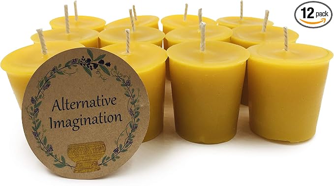 12 Pack of Beeswax Votive Candles - 100% Pure, Natural Beeswax with Natural Light Honey Scent - 15 Hour Burn - Alternative Imagination