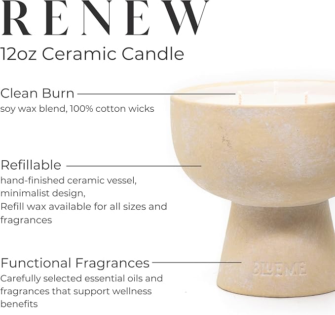 Blueme Renew Candle | Ivy & Rose | 3 Wick - Refillable Wellness Candle with Essential Oils, Hand Finished & Poured Soy Wax Blend Ceramic Vessel, Natural Cotton Wicks | Medium 12 oz