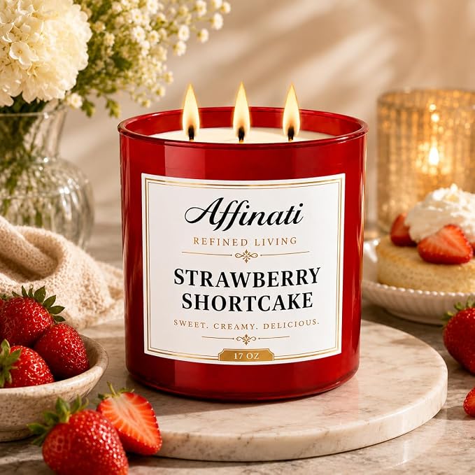 Affinati Strawberry Shortcake 3-Wick Candle – Large Soy Blend Candle, Strong Scent Throw Sweet Fruit Dessert Gourmand Bakery Candle, Premium Home Fragrance Gift