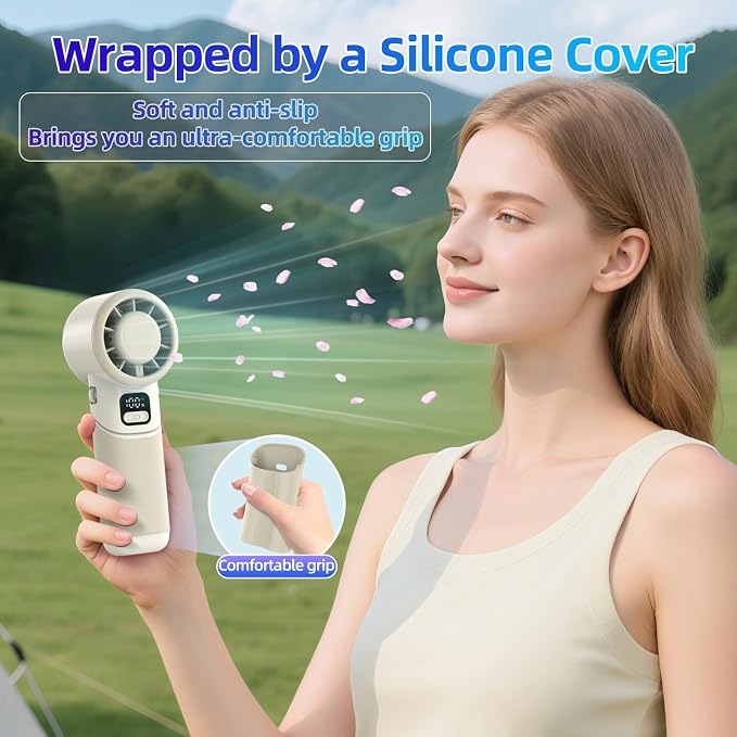Portable Handheld Turbo Fan, 4000mAh Rechargeable Mini Personal Fan, 5 Speeds, USB-C 90° Adjustable Desk Fan, Aroma Diffuser, Up to 12H Cooling for Travel, Office, Makeup, Beach, Cream Beige