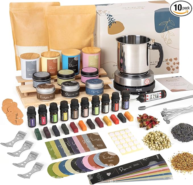 SAEUYVB Candle Making Kit - DIY Starter Soy Candle Making Supplies with Wax Melter, Including Soy Wax, 10 Candle Jars, 10 Pleasant Scents, Color Dyes & More，Perfect Candle Making Kit for Adults