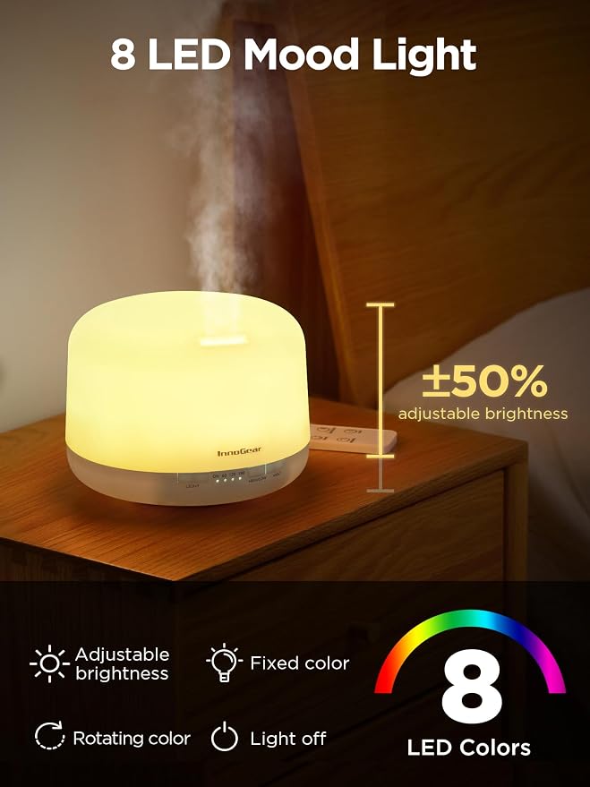 InnoGear 500ml Essential Oil Diffuser with Remote Control, Premium Ultrasonic Aromatherapy Diffusers Mother's Gift Scent Humidifier Vaporizer Auto-Off Timer for Large Room Home, Basic White