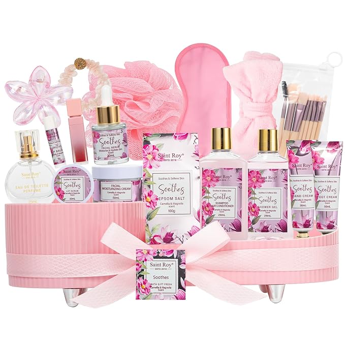 27 Pcs Spa Day Gifts Basket for Women, Camellia & magnolia Bath and Body Gift, Facial Skin Care Set, Self Care Pampering Kit, Face Serum, Lip Care, Home Spa, Birthday, Mother Day, Bridal Shower